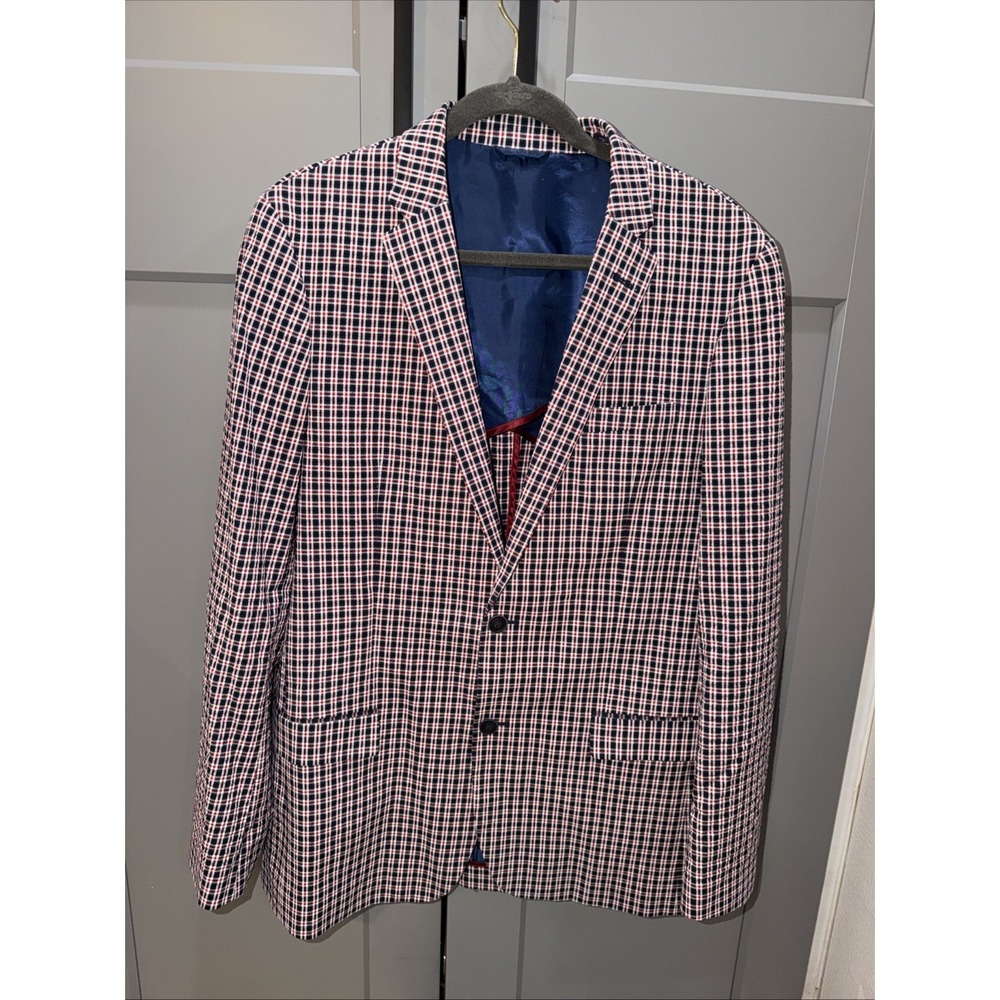 Ben Sherman Plaid Blazer Men's 42 Long Navy Blue Red White Check Sport Coat